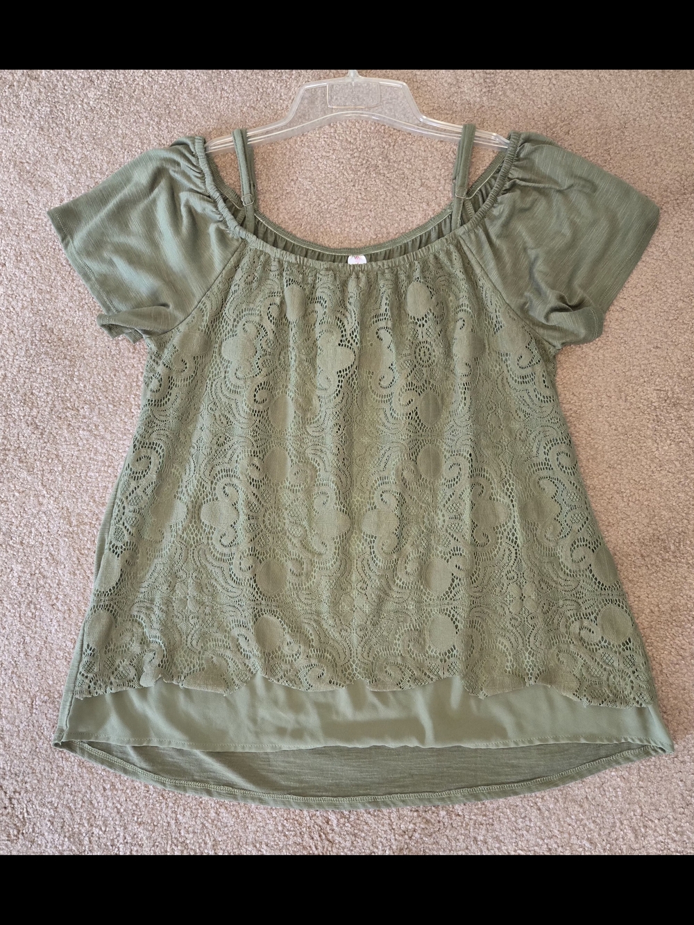 No boundaries, Woman's olive green blouse, floral lace overlay.